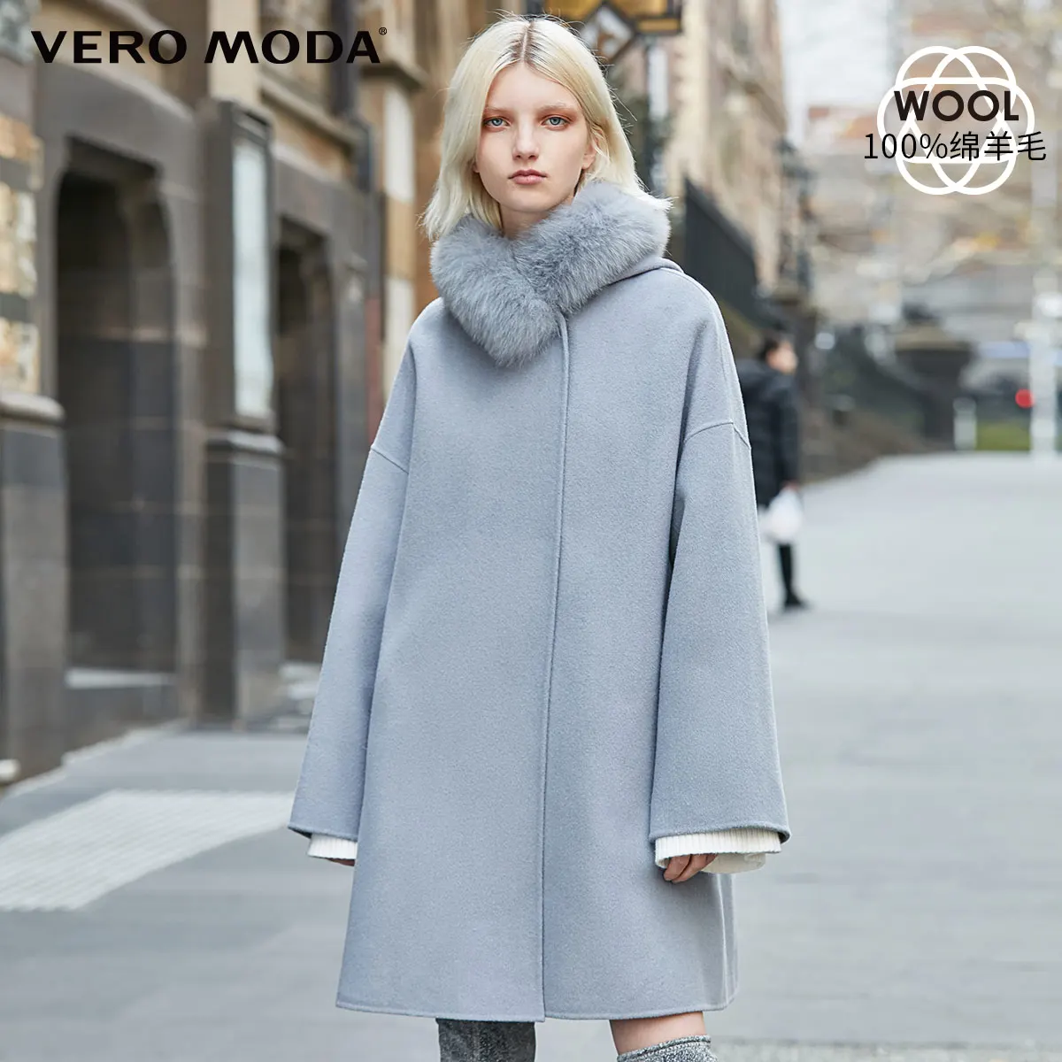 Lt. pewter blue Vero Moda новое шерстяное Двустороннее пальто из натурального меха лисы на шнуровке | 319327530 - Цвет: Lt. pewter blue