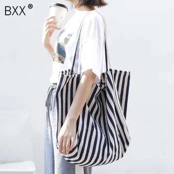 

[BXX] 2020 Summer Vintage Striped Canvas Bag Casual Large Capaty Single Shoulder Woman Package Female All-match Handbag DA384