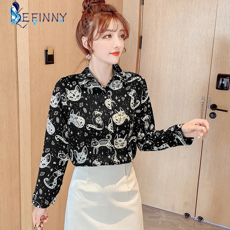 ladies shirts Women Shirt Cat Pattern Printed Personality Tops and Blouses Fashion Office Lady Long Sleeve Clothes White Black chiffon blouse