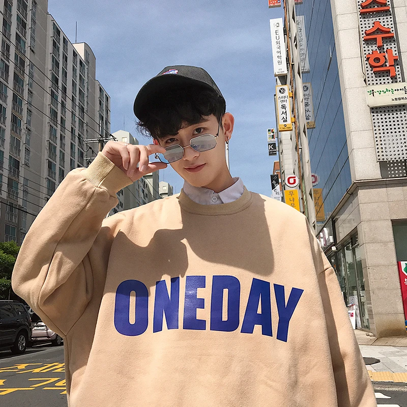 

2019 Spring And Autumn Couple Round Neck Loose Port Wind Trend Sweatshirt Youth Handsome Shirt Men White Pink / Khaki S-2XL