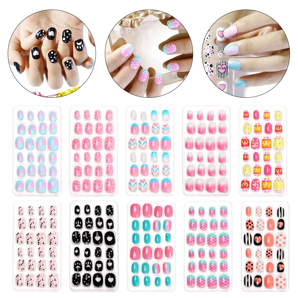 24 PCS Children Candy False Nail Tips Press On Cartoon Full Cover Kid Glue Self Fake Art Girls Manicure Tool | Красота и здоровье