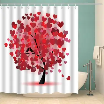 

Valentine's Day Shower Curtain Love Tree Bird Fashion Bath Accessories with Hooks Waterproof Polyester Fabric Bathroom Decor