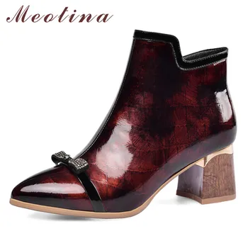 

Meotina Winter Ankle Boots Women Natural Genuine Leather Bow Block Heel Short Boots Zipper Pointed Toe Shoes Lady Autumn Size 43