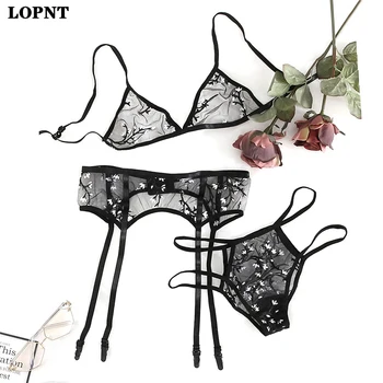 

LOPNT 2020 New Women Erotic LingerieThree-point Sexy Mesh Three-Piece Suit Comfortable Embroidered Tempation Adjustable Bra Set