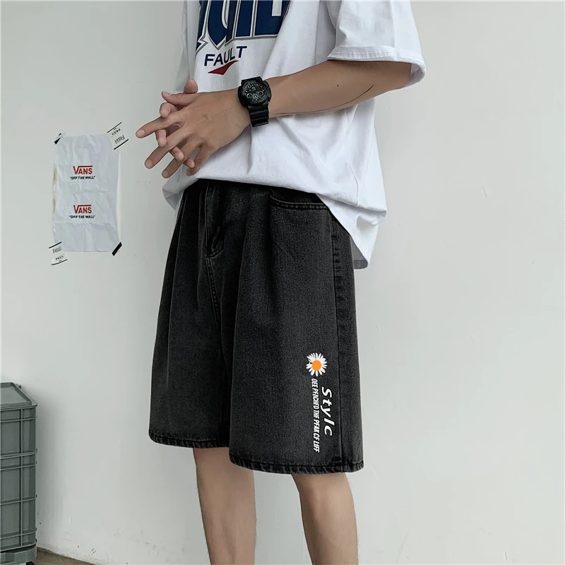 2021 summer denim shorts men's trendy straight baggy pants casual versatile handsome five point pants streetwear gym