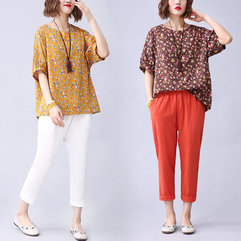 

2019 Summer New Style Literature And Art Cotton Linen Two-Piece Women's Loose-Fit T-shirt Capri Pants Flax Loose Pants