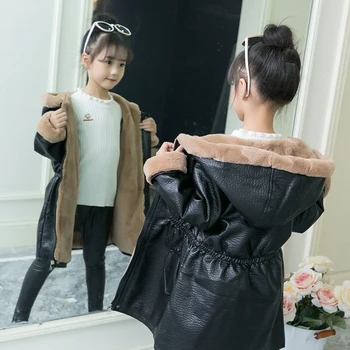 

2019 New Baby Girl Winter Jacket Leather Thickness Hooded Autumn Winter Kids Coats Baby Jacket 4-14 Years 3 Colors