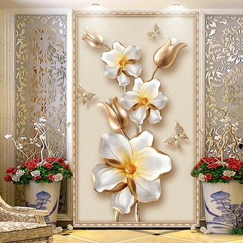 

Modern 3D Murals Wallpaper For Door Stereoscopic Relief Golden Flower Jewelry Entrance Corridor Wall Mural Photo Wall Paper 3D