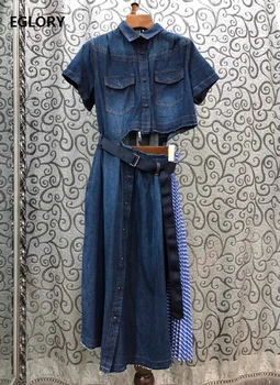 

100%Cotton Denim Dress 2020 Summer High Quality Women Turn-down Collar Striped Print Patchwork Chest Belt Deco Casual Jean Dress