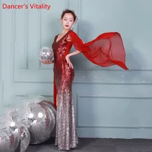 Новая одежда для танца живота, сексуальное платье с блестками, командный костюм для выступлений, платье русалки без рукавов