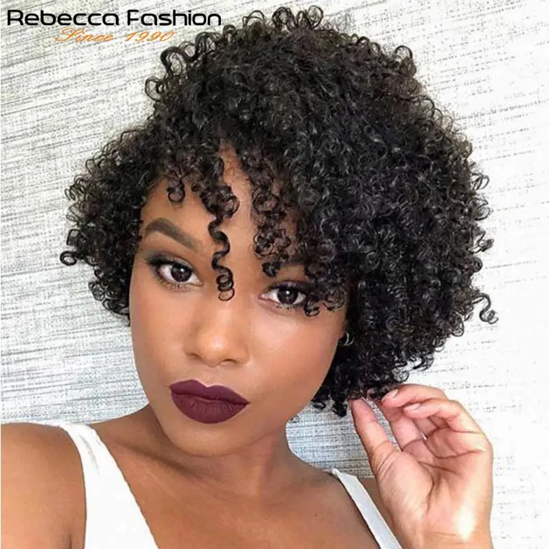 Rebecca афро кудрявые вьющиеся волосы перуанские человеческие парики remy машина сделал короткие человеческие волосы парики для женщин природа