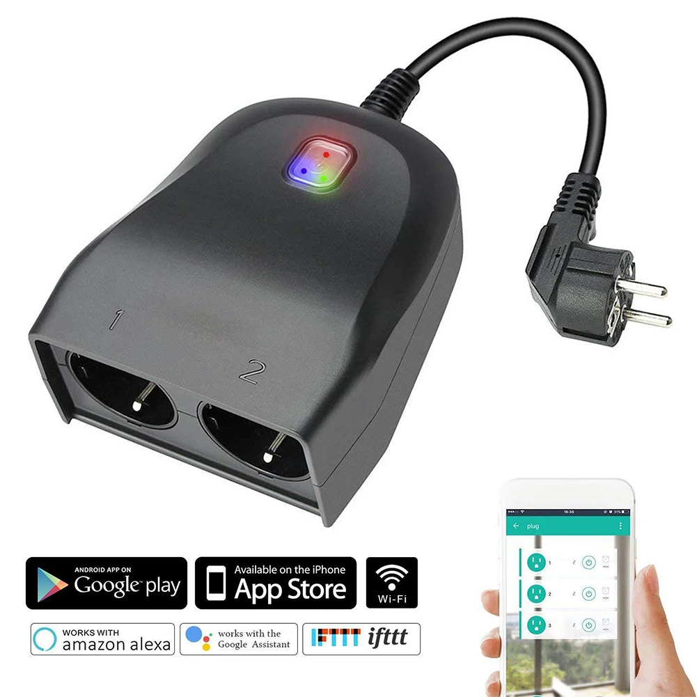 

APP Black EU Safe Voice Control Intelligent Wireless WIFI Socket Outdoor Waterproof Smart Home Remote Control 2 Outlet Timing