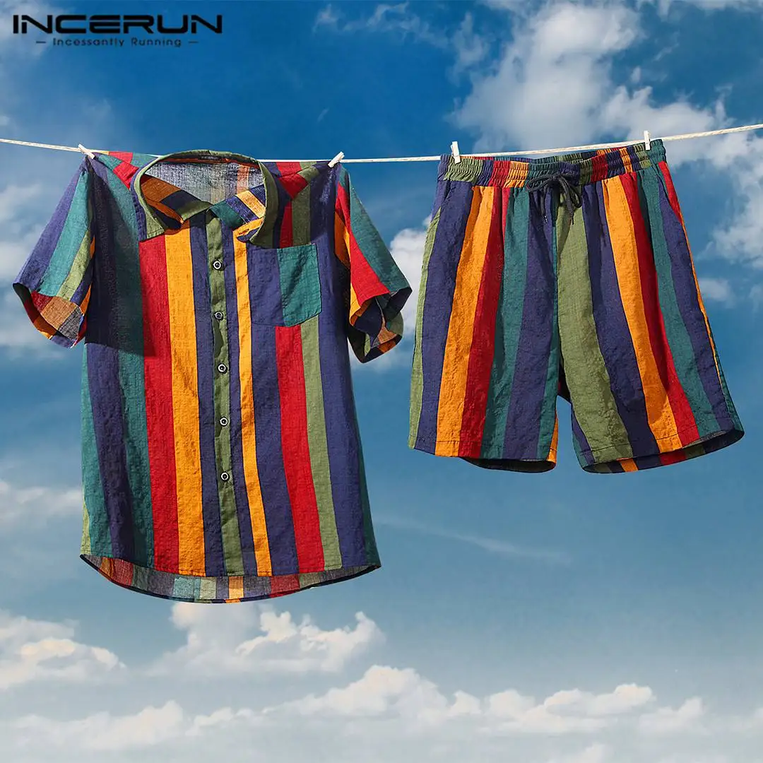 2021 Men Hawaiian Sets Striped Short Sleeve Lapel Button Casual Shirt Beach Shorts Streetwear Breathable Mens Suits INCERUN 7 - Image 5