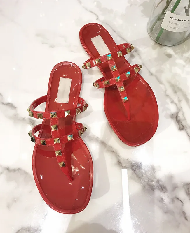 Summer Beach Sandals Woman Flip Flops PVC Slides Female Sandals Rivet Bowknot Slip on Flat with Women Studs Slippers Jelly Shoes