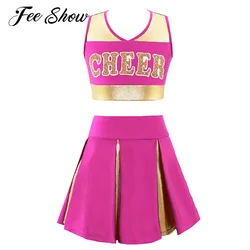 Kids Girls Cheerleading Uniform Summer Cheer Leader Dance Costume Set Sleeveless V-Neck Letter Print Crop Top with Skirt Clothes