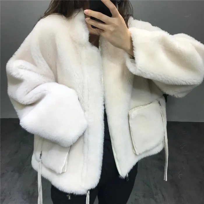 Белый Женская одежда новая зимняя короткая куртка из овечьей шерсти с большим карманом из шерсти ягнёнка шерсть шуба - Цвет: Белый