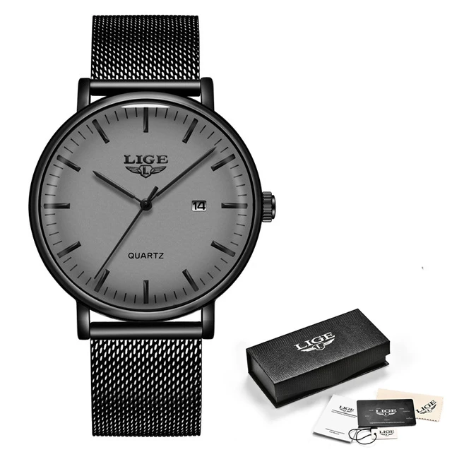 Gray Reloje LIGE, модные сетчатые стальные мужские часы, Топ бренд, роскошные спортивные ультра-тонкие кварцевые часы, мужские повседневные водонепроницаемые часы с датой, мужские часы - Цвет: Gray