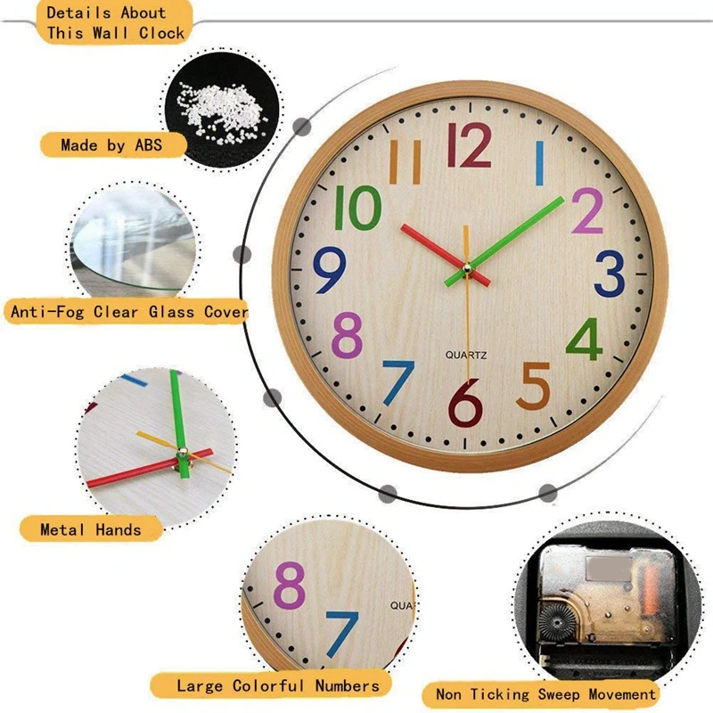 12 Inch Silent Movement Kids Wall Clock, Non Ticking Children Round Battery Operated Space