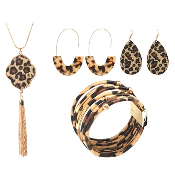 

6 Pcs Leopard Earrings Leopard Jewelry Set for Women Leopard Leather Bracelet Long Tassel Leopard Pendant Necklace Fashion Jewel