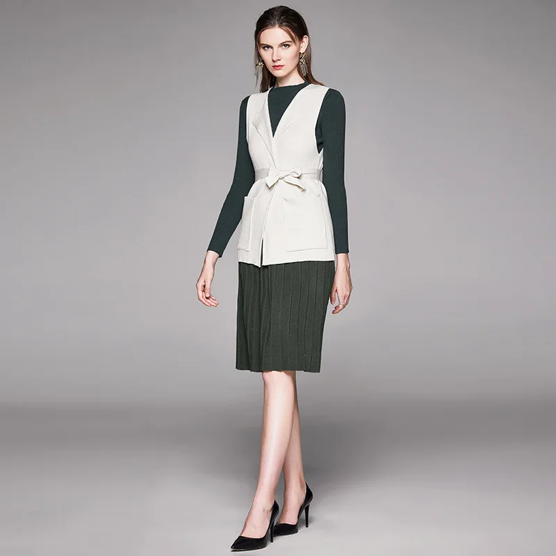 

Fashion Set Dress Women's 2019 Europe And America Winter New Style French Waist Hugging Slimming Elegant Three-piece Set Skirt