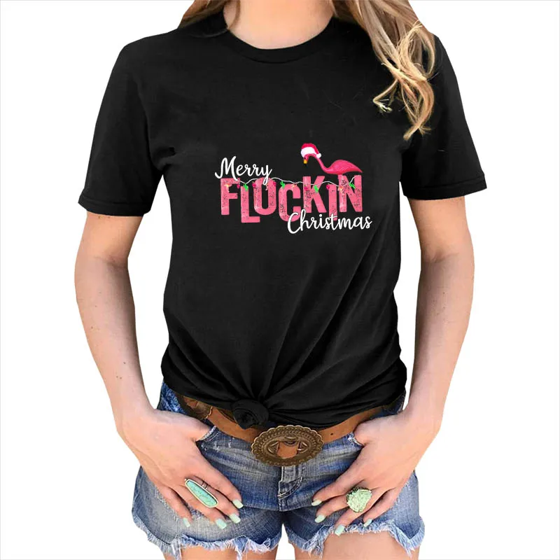 Camiseta femenina, футболки с фламинго, женские футболки с коротким рукавом и круглым вырезом, женские топы в стиле Харадзюку, рождественские Топы