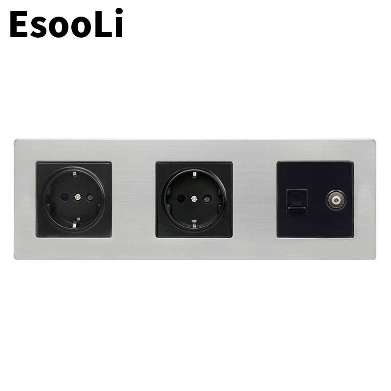 Esooli Stainless Steel Panel Double Wall Socket 16A EU Power Outlet + Female TV Jack with RJ45 CAT5E Internet Port Silver | Обустройство