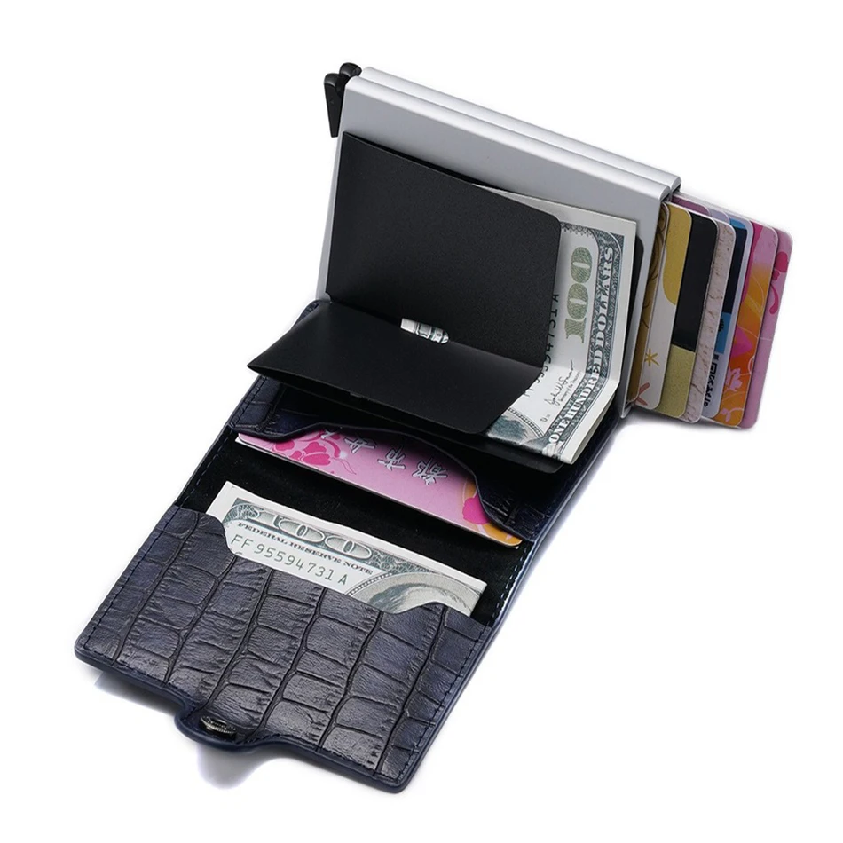 Двойной держатель для карт, новинка, мужской кожаный алюминиевый чехол для кредитных карт, металлический кошелек RFID, автоматический держатель для карт, мужской кошелек для путешествий