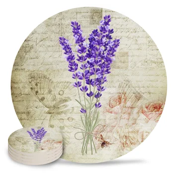 

Vintage Plant Lavender Purple Ceramic Coasters Waterproof Tea Cup Mat Christmas Home Decor Coasters for Glasses