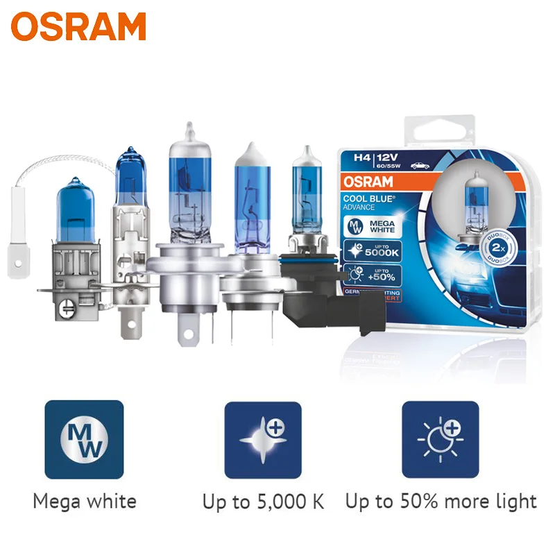 

OSRAM H1 H3 H4 H7 H9 H11 9003 9005 9006 HB2 HB3 HB4 Halogen Cool Blue Advance 12V Car Headlight 5000K Light +50% Brighter, Pair