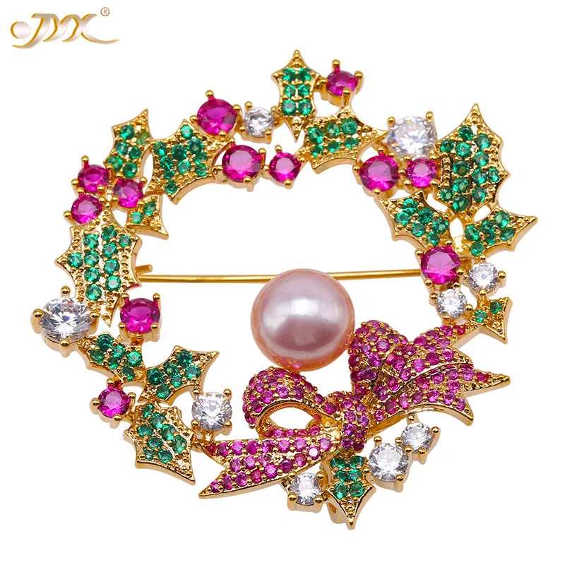 JYX рождественские броши «венок» фиолетовая жемчужная брошь 9 мм натуральные жемчужные Сияющие Циркон Рождественский подарок