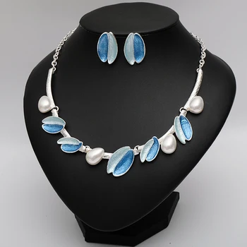 

FASHION ENAMEL CHOKER NECKLACES EARRINGS SET SILVER PLATED BOHEMIA WEDDING IMITATION PEARL BRIDAL COSTUME JEWELRY GIFT FOR WOMEN