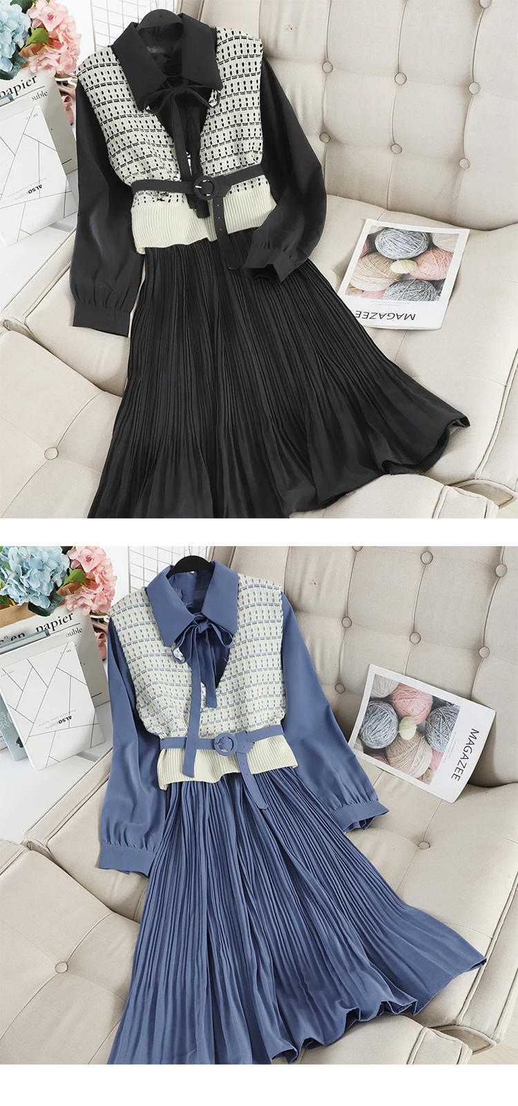 SINGRAIN женское длинное Плиссированное Платье-рубашка+ вязаный свитер с принтом корейское романтическое элегантное осеннее шифоновое платье трапециевидной формы из двух частей