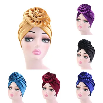 

2020 Velvet Headscarf Women Muslim Turban Hat Night Cap Round Flower Head Cover Resuable Sleep Hat Solid Bonnet Hat Turban