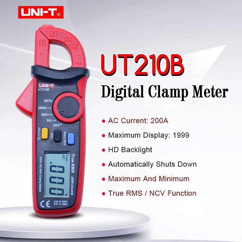 

UNI-T UT210B Mini Clamp Meter; True RMS 2000 Count Data hold digital multimeter;AC current tester with LCD backlight/NCV MAX/MIN