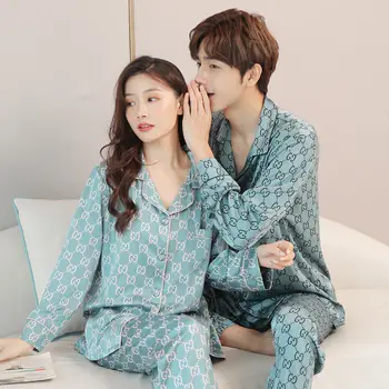 

Spring and autumn new lovers pajamas fall thin men's long sleeve suit silk household clothes women ice two-piece set