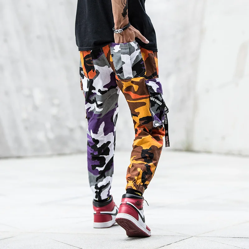 Городские хип-хоп брюки карго мужские модные джоггеры Брюки камуфляжные штаны Harajuku уличная сторона карманы брюки фестончатая лента шаровары
