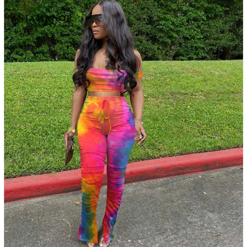 

Gradient Tie Dye Two Piece Pant Set Women Sexy Club Outfits Matching Sets Crop Top and Split Stacked Leggings Short