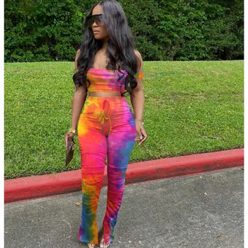 

Gradient Tie Dye Two Piece Pant Set Women Sexy Club Outfits Matching Sets Crop Top and Split Stacked Leggings Short
