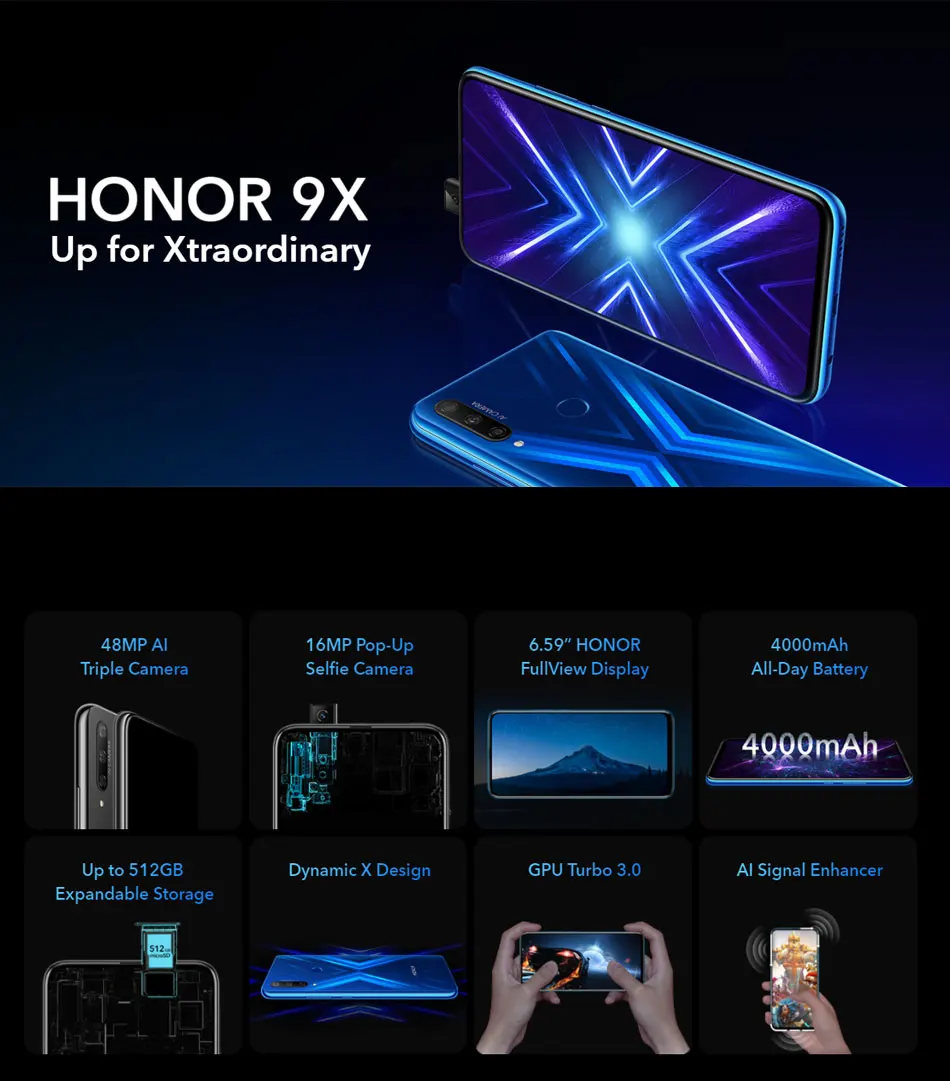 Мобильный телефон honor 9x, 6,59 дюймов, 4 Гб ОЗУ, 64 Гб ПЗУ, Kirin 810, четыре ядра, 48мп, 2 МП, задняя камера, отпечаток пальца, две sim-карты, смартфон