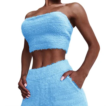 

2020 Women Two Piece Set Sexy Bodycon Fluffy Strapless Tube Suit Autumn Winter Clothes Women Club Outfits Short Matching Sets
