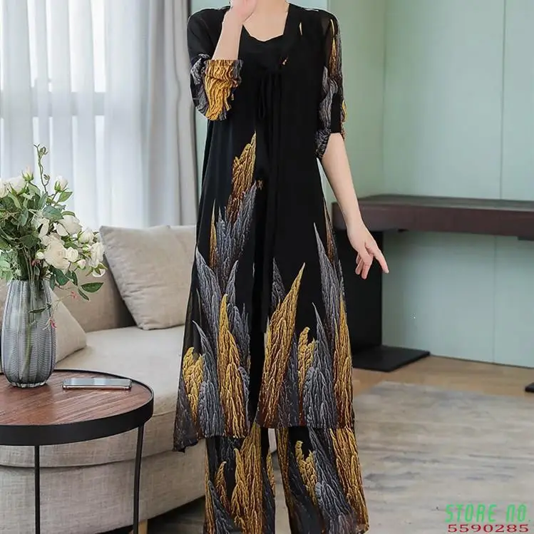 

Women Elegant Thin Slim Three Piece Suit Autumn Chiffon Print Holiday Outfit Long Wide Leg Pants Ladies Sets