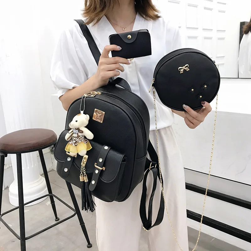 

2019 New Style Fashion Bear Tassels Shoulder Different Size Bags Cool College Style Three-piece Set STUDENT'S Backpack