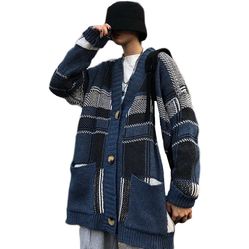 

Korean Chic Plaid Hit Color V-Neck Sweater Cardigans Womens Autumn Winter Retro Single Breasted Loose Sweaters Coats Outwear