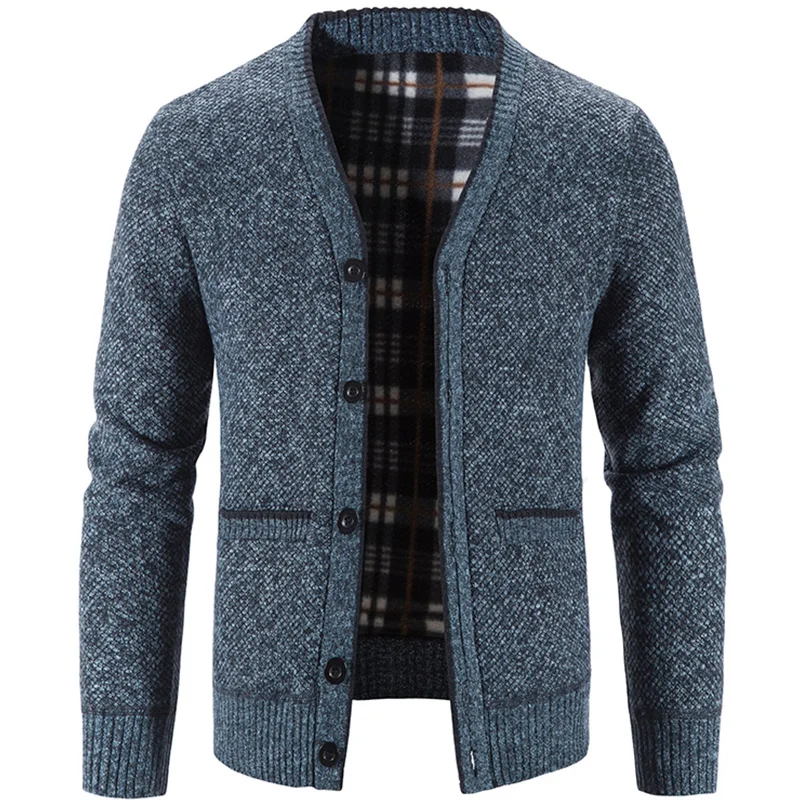Men's Winter Fall Sweater Cardigan V-neck Button Single Breasted Casual Sweaters Coat Thick Fleece Wool Jacket Cold Blouse