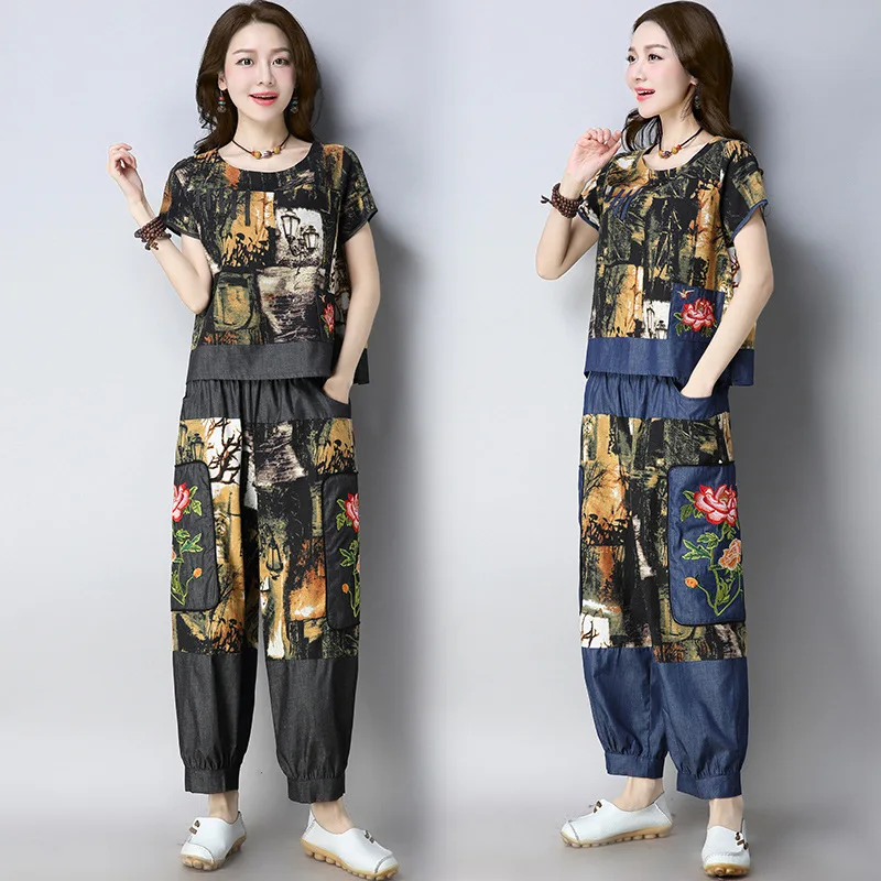 

2019 Summer New Style Large Size Ethnic-Style Women's Cotton Linen Denim Cotton Joint Embroidery Flower Casual Two-Piece Set