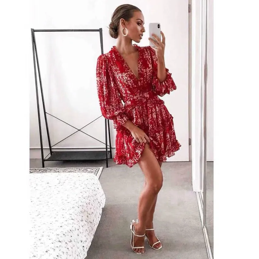 

V-Neck Sexy Backless Long Sleeve Dress WoMen Dress Ruffles Floral Print Mini Dress