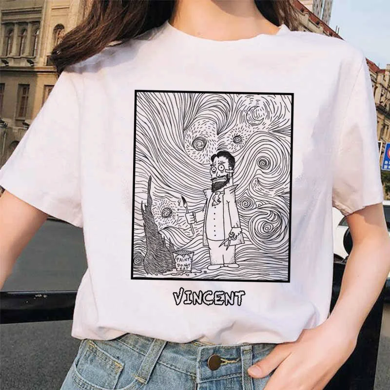 Van gogh женская футболка с рисунком кота, Рисунок маслом, решетка, принт, новая милая женская футболка, Повседневная футболка Harajuku, забавная футболка ulzzang grunge