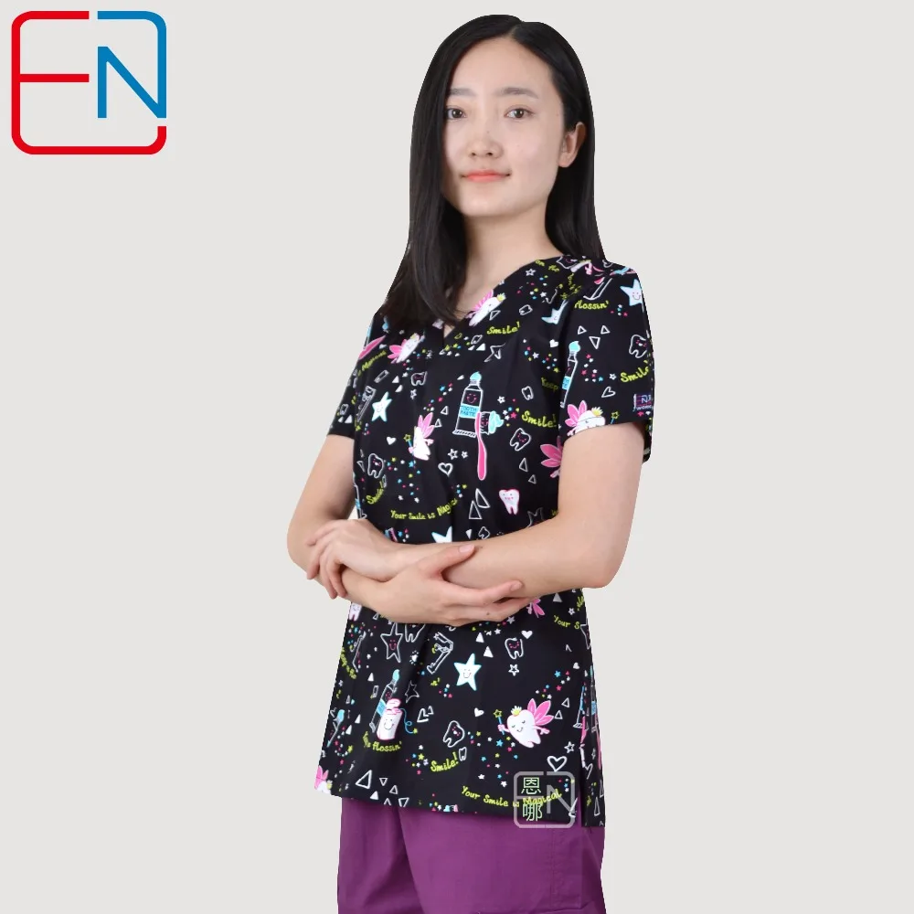 Women Scrub Top With V-Neck 100% Cotton Print scrub Uniforms Nurse Scrub Tops For Women