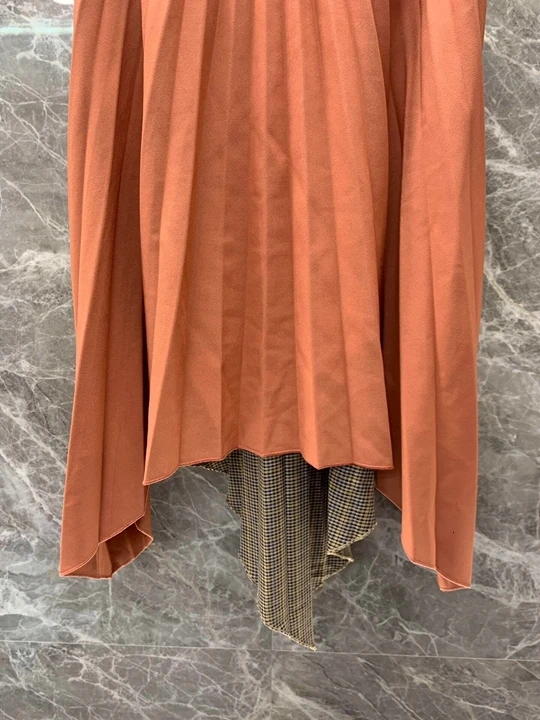 autumn Early new women's irregular color blocking, pleated plaid, medium length and all-around skirt 1010
