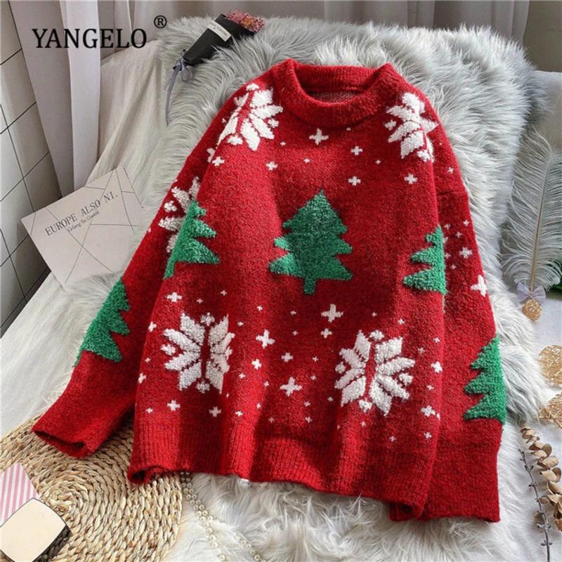 

Yangelo Red Christmas Snowflake Pullover Sweater Women Winter New Thicken Casual Soft Loose Round Neck Long Sleeves Knitted Top